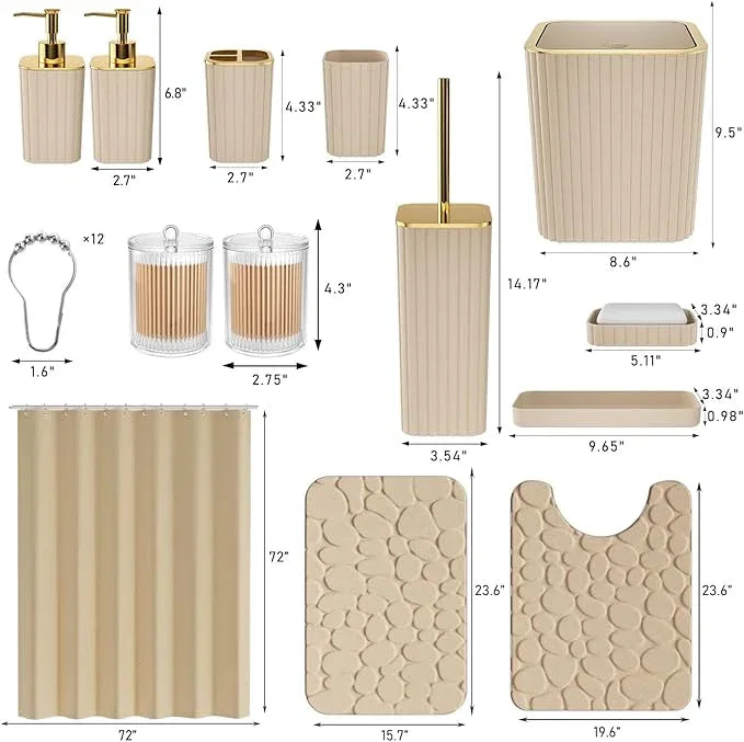 XLHOMO Bathroom Accessories Set - 25PC Bathroom Sets with Shower Curtain and Rugs, Beige Bathroom Accessories with Trash Can, Soap Dispenser, Soap Dish & Toilet Brush - ModernBath