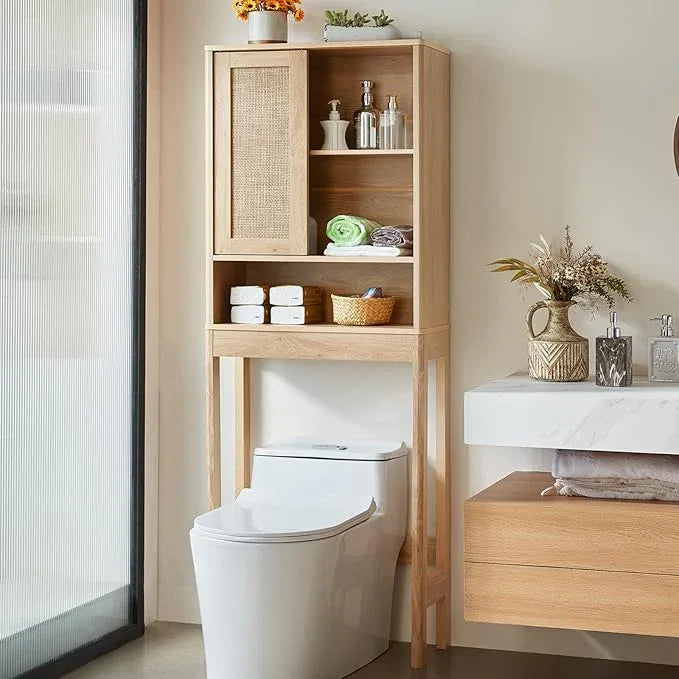 LEYAOYAO Over The Toilet Storage Cabinet with Rattan Sliding Door, 68" Tall Wood Above Toilet Bathroom Organizer w/Adjustable Shelf & Curved Profile, Space Saver Freestanding Washer Shelf, Natural - ModernBath