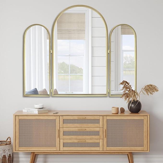 BAODANFU Trifold Vanity Mirrors 3 Way, 30 x 37in Adjustable Vanity Mirrors for Bathroom, Bedroom, Champaign Golden Arch Mirrors Wall Mounted Decoration, Braiding Hair, Makeup 360° Way - ModernBath
