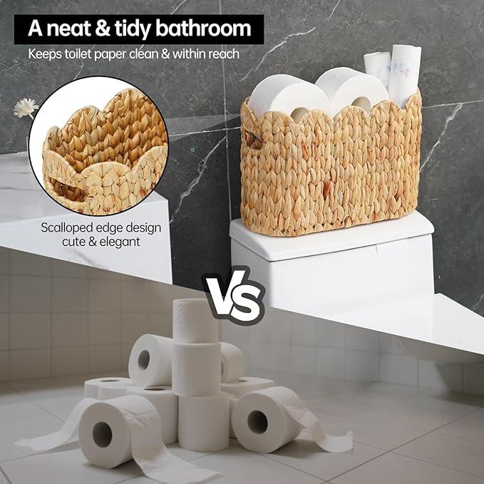 Toilet Paper Storage Basket,Scalloped Wicker Basket for Bathroom Organizers and Storage,Hand-Woven Rattan Bathroom Decor Accessories,Natural Water Hyacinth - ModernBath