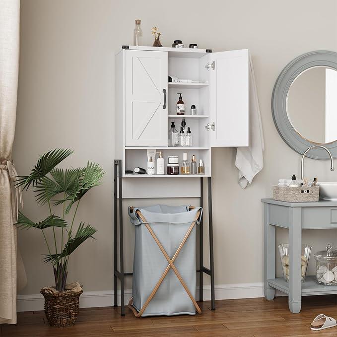 Over The Toilet Storage Cabinet with 2-Door Design Bathroom Organizers and Storage with Anti-Tip Device Over Toilet Organizer with Shelves for Bathroom,Restroom,Laundry White - ModernBath
