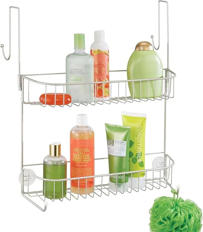 mDesign Extra Wide Metal Wire Over the Bathroom Shower Door Caddy, Hanging Storage Organizer with Built-In Hooks and Baskets on 2 Levels for Shampoo, Body Wash, Loofahs, Rust Resistant - Satin - ModernBath