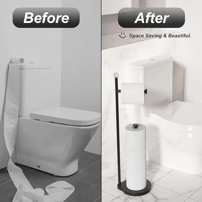 Toilet Paper Holder for Bathroom, Heavy Weighted Metal Free Standing Toilet Paper Storage with Crystal Ball, Toilet Paper Stand for Bathroom Accessories, Matte Black [Holds MEGA Rolls] - ModernBath