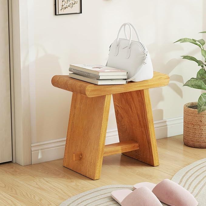 Giantex Teak Shower Bench Stool for Bathroom, Fully Assembled Wooden Bath Seat with Curved Seat, Waterproof Spa Shaving Bench Foot Rest for Indoor Outdoor Use, 19.5''L x 12''W x 18''H - ModernBath