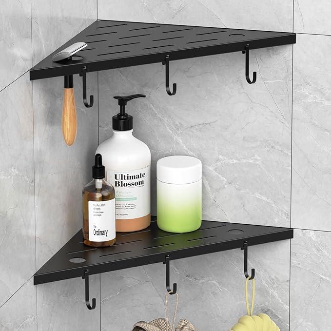 Corner Shower Shelves, 10" Matte Black 304 Stainless Steel Recessed Shelf for Bathroom，Grout in Shelf with Hooks for Tiled Wall 2 Pack (Black) - ModernBath