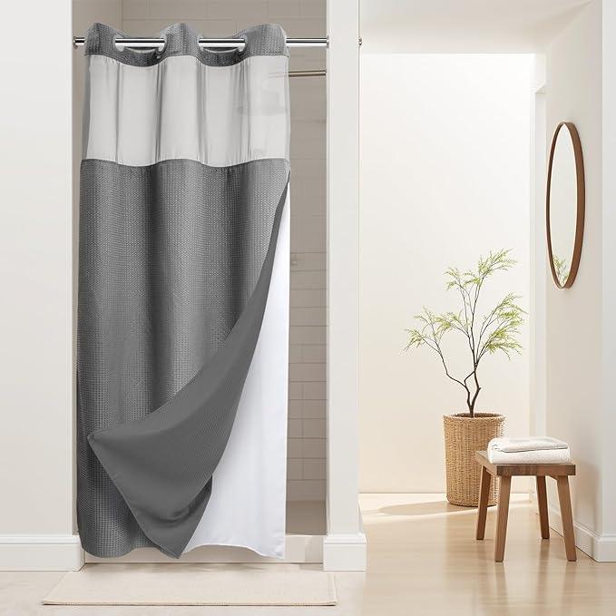 River Dream Stall Heavyweight No Hooks Required Dotted Waffle Weave Shower Curtain with Snap in Liner - 36W x 74H,Hotel Grade,Spa Like Bath Curtain,Gray - ModernBath