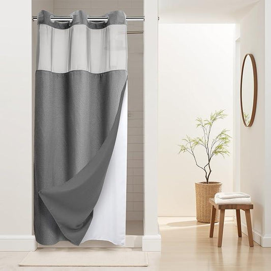 River Dream Stall Heavyweight No Hooks Required Dotted Waffle Weave Shower Curtain with Snap in Liner - 36W x 74H,Hotel Grade,Spa Like Bath Curtain,Gray - ModernBath