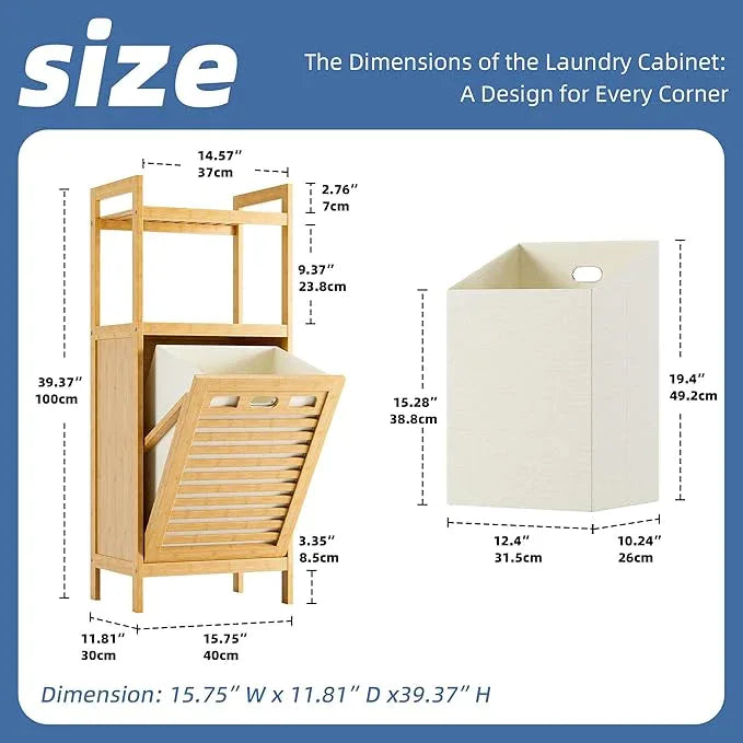 HITNET Tilt Out Laundry Hamper, Bamboo Laundry Basket with Foldable Bag and 2 Open Shelves, Freestanding Clothes Storage Organizer for Bedroom, Bathroom, Living Room, Natural - ModernBath