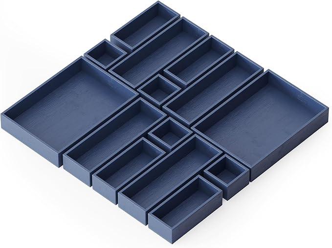 SpaceAid 14-Piece Bamboo Drawer Organizer Storage Boxes Set, Wood Tray Junk Drawer Organizers Multi-Use Divider Bins for Kitchen, Bathroom, Office Desk and Makeup Organization (14 Pack, Navy Blue) - ModernBath