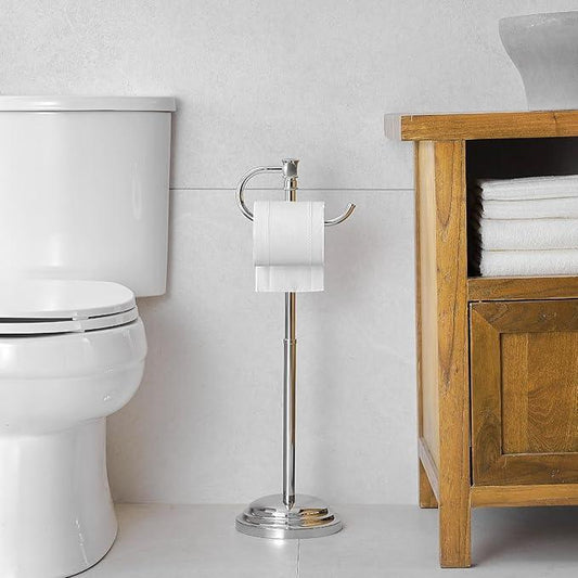 RUMOSE Toilet Paper Holder Stand for Floor, Polished Chrome Adjustable (12.4" to 22.8") Bathroom Toilet Tissue Holder, Free Standing Toilet Paper Roll Holder with Storage, Stainless Steel - ModernBath
