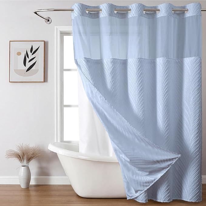 eachope no Hook Shower Curtain and Liner Set，Boho Style with See Through Top Window, Blue Fabric Tufted Striped Textured Outer Curtain & Waterproof Inner Liner, FrostBlue, 71Wx80H - ModernBath