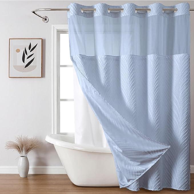 eachope no Hook Shower Curtain and Liner Set，Boho Style with See Through Top Window, Blue Fabric Tufted Striped Textured Outer Curtain & Waterproof Inner Liner, FrostBlue, 71Wx86H - ModernBath