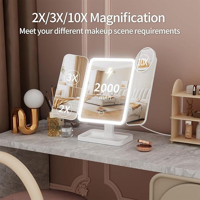 Makeup Mirror with Lights, Rechargeable Lighted Vanity Mirror with 70 Led Lights and 2X 3X 10X Magnification, 3 Color& Adjustable Brightness, Portable Mirror for Travel Desk, Gifts for Women Girls - ModernBath