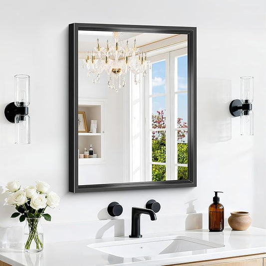 CIVENO Black Bathroom Mirror, 18x24 Inch Rectangle Mirrors for Wall, 0.6" Thickened Deep Frame, Brushed Black Mirrors for Over Sink, Shatterproof Tempered Glass, Antirust, Horizontally or Vertically