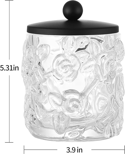 Indecor Home Clear Transparent Apothecary Floral Embossed Glass Jar With Matte Black Metal Lid Cover for Bathroom Organization, Cotton Balls, Q Tips, and Small Accessories, Bathroom Storage