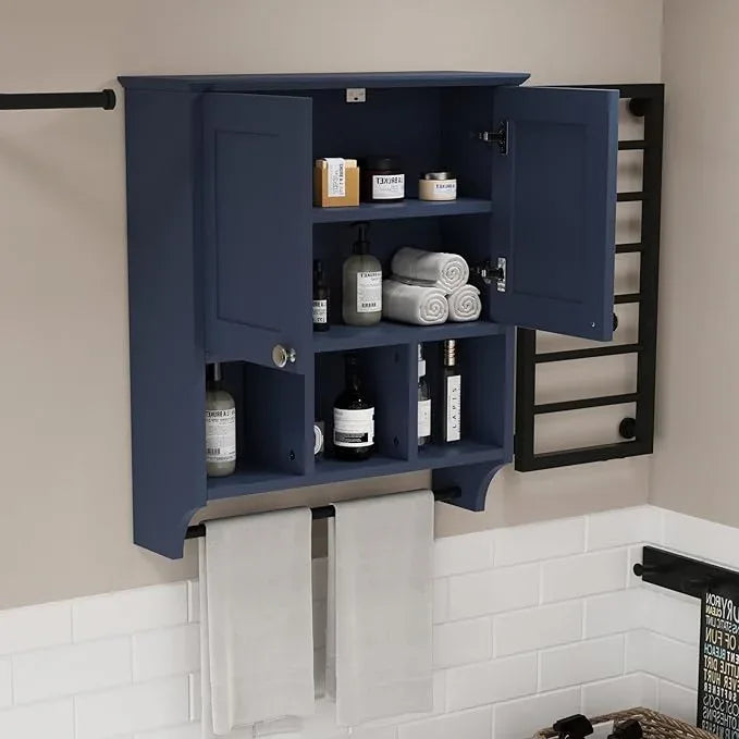 Bathroom Wall Cabinet, Wall Mounted with Towel Bar & 6 Shelves - Over Toilet Storage Organizer, 2-Door Medicine Cabinet, Adjustable Bathroom Shelves(Blue) - ModernBath