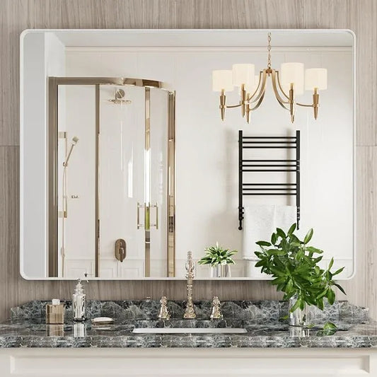JISOSO White Bathroom Mirror 48x36 Inch, White Metal Framed Bathroom Mirror for Wall, Rounded Rectangle Matte Bathroom Vanity Mirror, Tempered Glass, Anti-Rust, Horizontal/Vertical - ModernBath