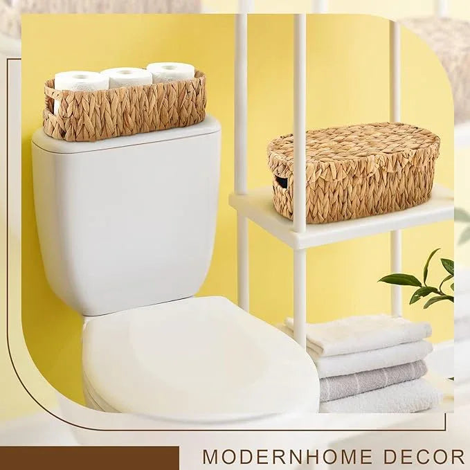 Wonderjune 2 Pack Toilet Paper Storage Basket with Lid Two Water Hyacinth Woven Wicker Bathroom Organizer Farmhouse Boho Decorative Toilet Tank Top Holder Bath Accessories - ModernBath