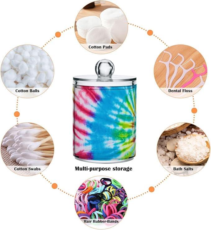 Qtip Holder Bathroom Set Q tip Cotton Ball Swab Pad Dispenser Container Organizer Plastic Jars with Lids Storage 2Pack Multicolor Tie Dye - ModernBath