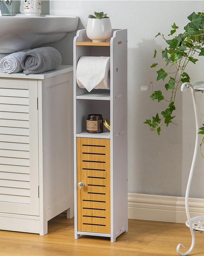 AOJEZOR Toilet Paper Holder Stand: Small Bathroom Storage Cabinet- White&Bamboo - ModernBath