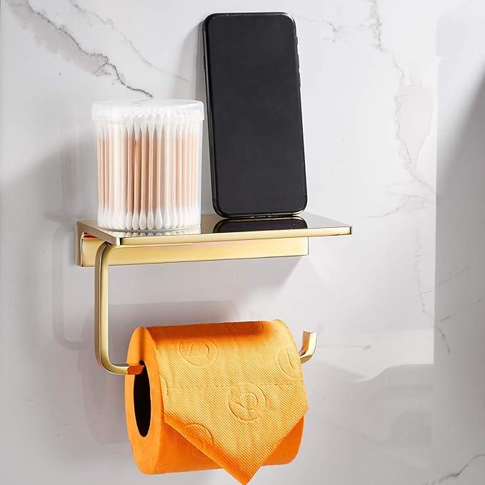Toilet Roll Paper Holder Bathroom Solid Brass and Superior Hotel Style Wall Mount Tissue Roll Holder with Phone Shelf Bright Gold Finished - ModernBath