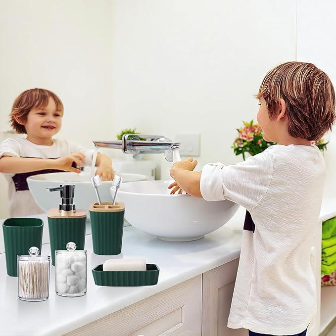 XLHOMO Dark Green Bathroom Accessories Set with Ombre Shower Curtain and Bathroom Rugs,Bathroom Sets with Trash Can,Toothbrush Holder and Cup,Soap Dispenser,Tray,Soap Dish,Toilet Brush,Qtip Holders - ModernBath