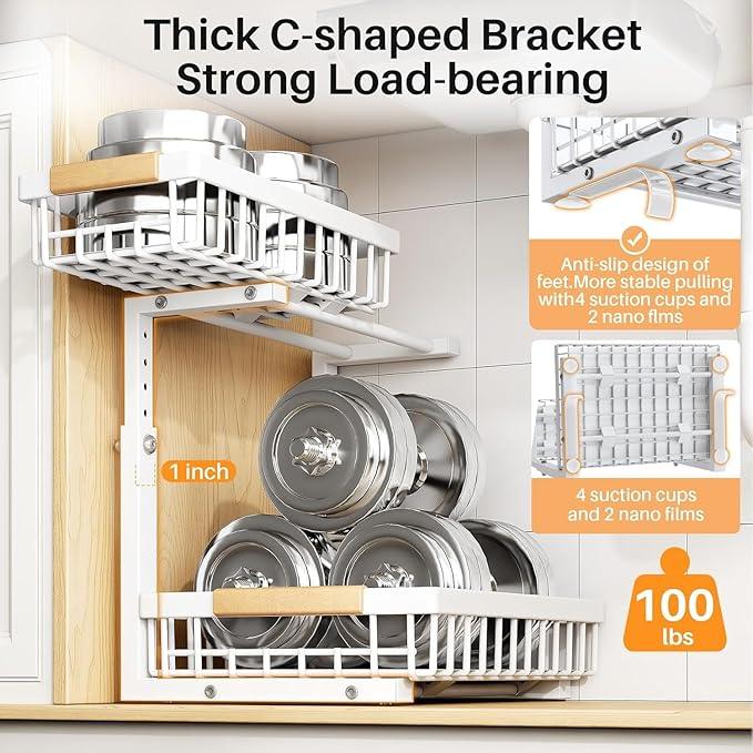 PXRACK 1 Pack Under Sink Organizer,Adjustable Height,2 Tier Pull Out Under Cabinet Organizer,Slide Out Thickened Metal Under Sink Storage for Kitchen Bathroom Laundry Cabinet Pantry,White(S) - ModernBath