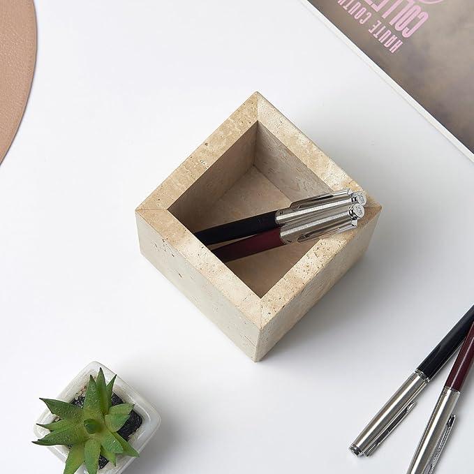 Real Natural Travertine Marble Toothbrush Holder & Pen Holder & Makeup Brush Holder & Utensil Holder, Genuine Stone Rectangular Bathroom Tumbler Cup, Durable Office & Home Countertop Organizer - ModernBath