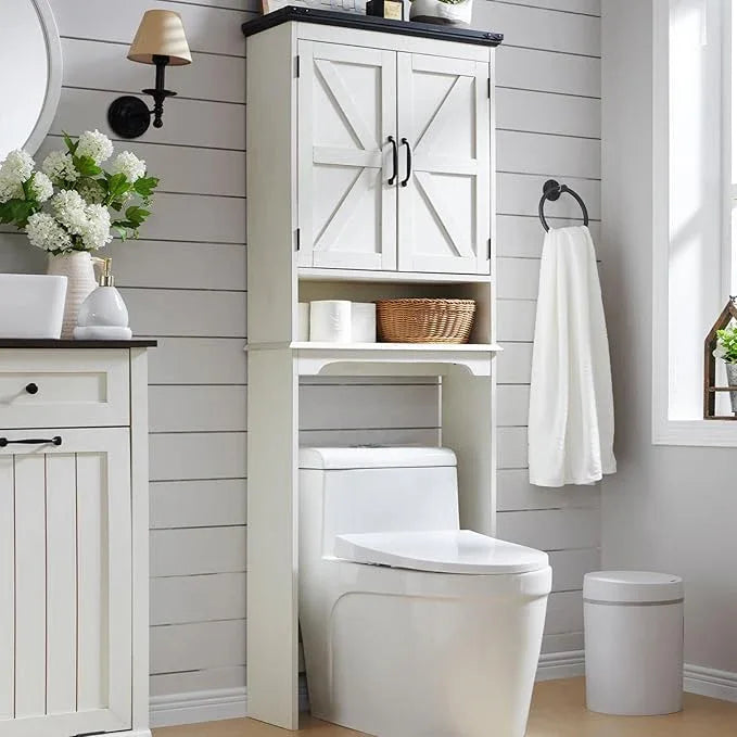 ACCOHOHO Over The Toilet Storage Cabinet, Farmhouse Bathroom Cabinet with Adjustable Shelf & Barn Door, 67" Tall Over The Toilet Shelf, Off White - ModernBath