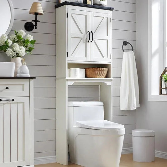 ACCOHOHO Over The Toilet Storage Cabinet, Farmhouse Bathroom Cabinet with Adjustable Shelf & Barn Door, 67" Tall Over The Toilet Shelf, Off White - ModernBath