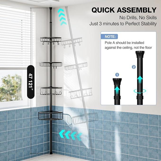 Corner Shower Caddy Tension Pole: Stainless Steel Rustproof 4-Tier Shower Organizer - 47-121 inch Adjustable Bathroom Shelves for Bathtub Shampoo Storage - Tension Rod Floor Standing Bath Rack - Black - ModernBath