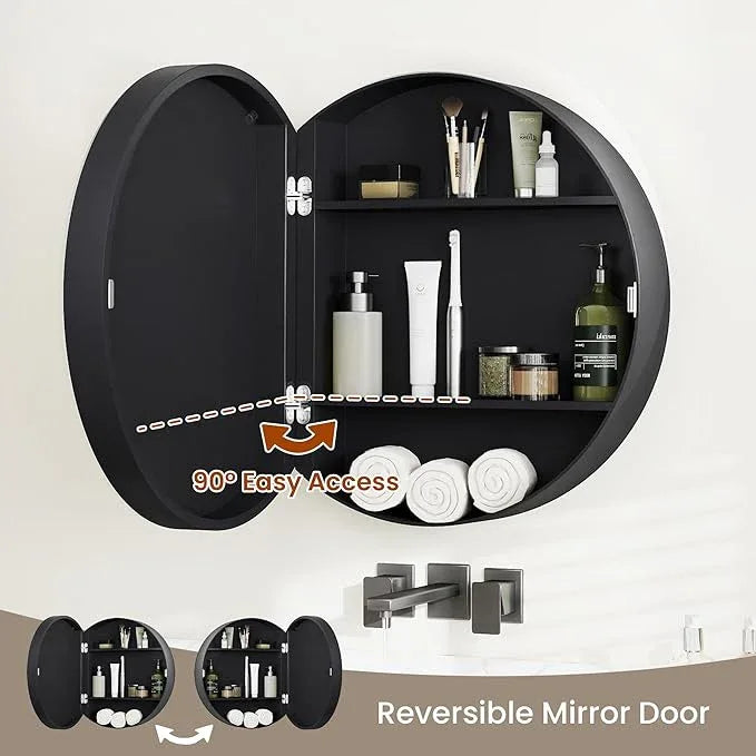 SUNWAVE 20 Inch Round Black Medicine Cabinet with Mirror, Modern Wall Mounted Vanity Cabinet for Bathroom, Circle Bathroom Mirror with Storage, Space-Saving Wood Cabinet (Black, 20 Inch) - ModernBath
