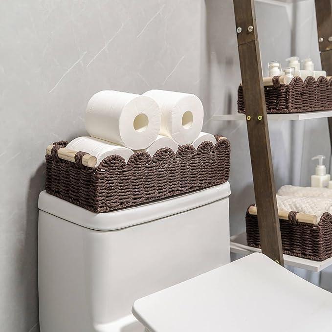 CubesLand Paper Rope Scalloped Edge Shelves Storage Basket, Woven Toilet Paper Baskets for Over Toilet Storage Shelf, Ending Table, Floating Shelves Organizing or Home Décor, with Wood Handle, Brown - ModernBath