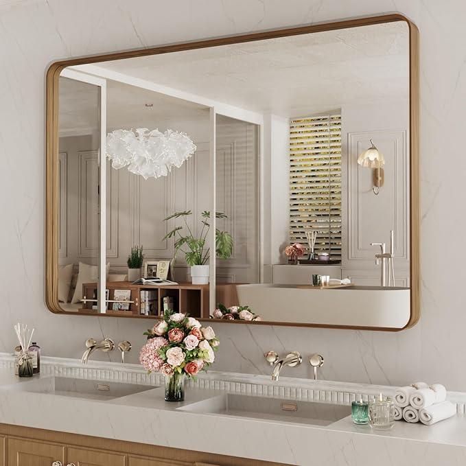 LOAAO 50X30 Inch Bathroom Mirror with Wood Grain Colored Metal Frame, Rounded Rectangle Metal Framed Bathroom Mirror, Anti-Rust, Hangs Horizontally or Vertically, Tempered Glass - ModernBath