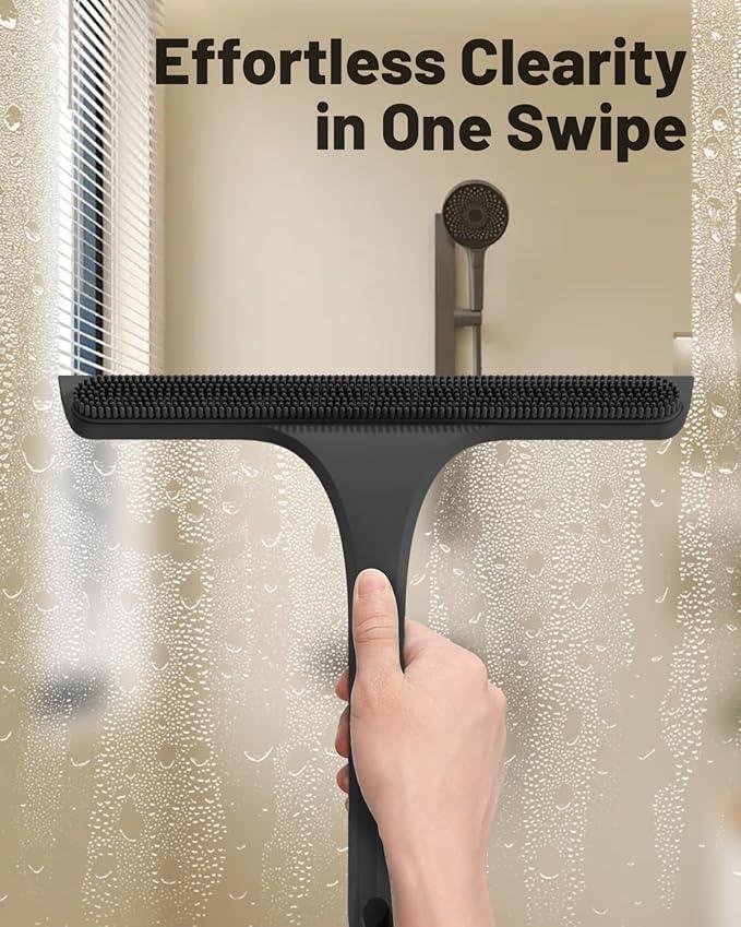 2-in-1 Silicone Shower Squeegee with Hook,Dual-Sided Design with Scraper & Scrub Surface,Rust-Proof Stainless Core,Streak-Free Bathroom Squeegee for Glass Doors,Mirrors,Windows,Car Windshields (Black) - ModernBath