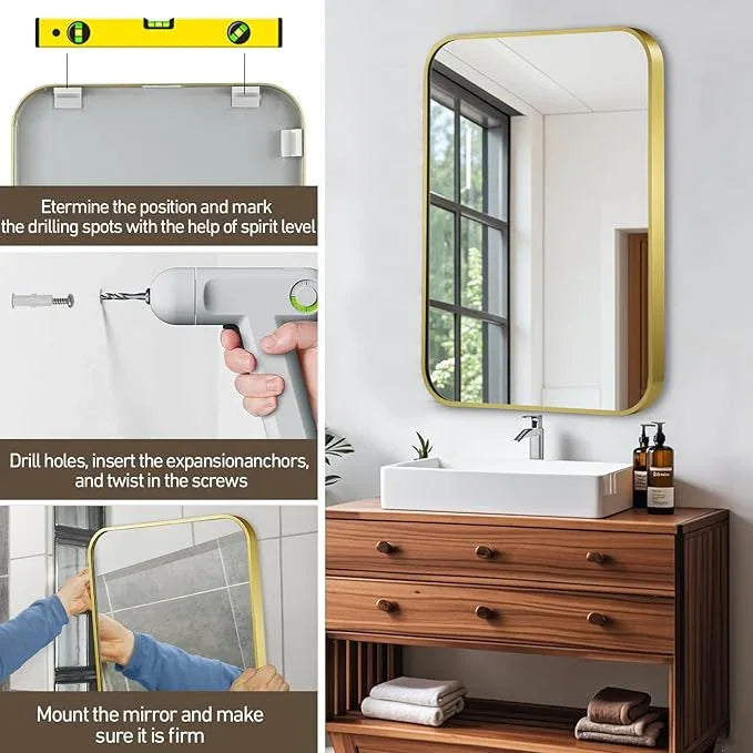 CLBA Matte Gold Mirror, 16x20 Inch Brushed Gold Mirror, Aluminum Alloy Framed Vanity Mirror, Rounded Rectangle Bathroom Mirror for Over Sink, Anti-Rust Wall Mirror (Horizontally or Vertically) - ModernBath