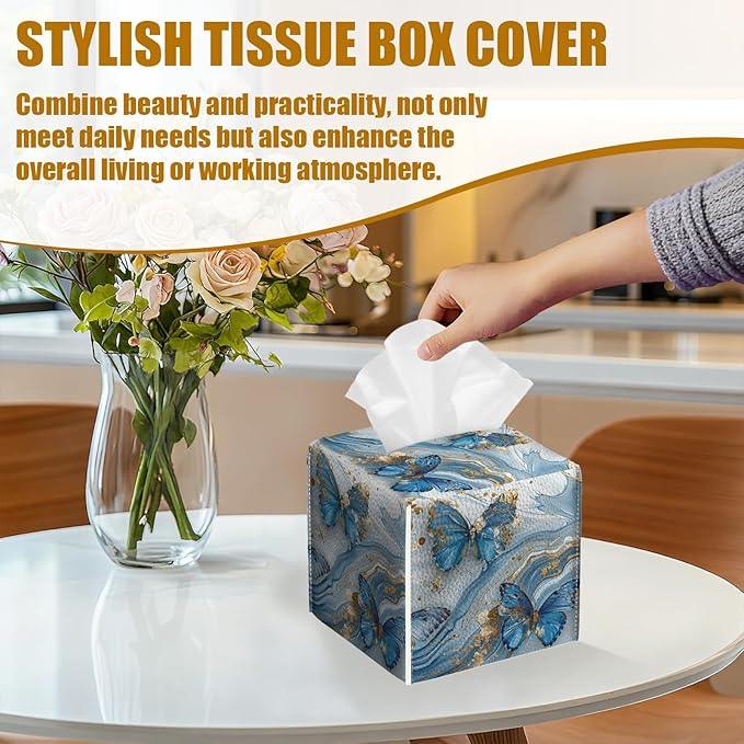 Blue Butterfly Tissue Box Cover 2PCS, Marble Leather Tissue Box Holder Square Facial Paper Case Tissue Box Cube Organizer for Bathroom Bedroom Desk Office - ModernBath