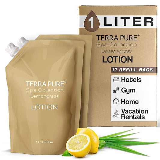 Terra Pure Spa Collection 1 Liter Lotion Refill Bag For Soap Dispensers | Bulk Toiletries for Vacation Rentals, and Home Bathroom Showers | Green Tea Lemongrass | Set of 3
