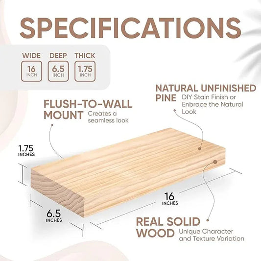 Homeforia Wood Floating Shelf 16 inch, High End Solid Natural Wood 16inch Floating Shelves for Wall Mounted, Unfinished Wooden Small Floating Shelves, Heavy Duty Bracket, 16 X 6.5 X 1.75 in, Set of 2 - ModernBath