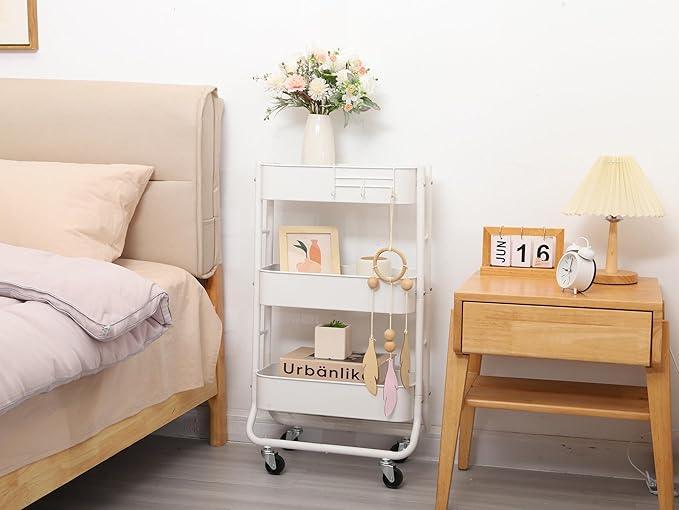 MAX Houser Slim 3-Tier Rolling Utility Cart, Narrow Metal Bathroom Storage Multifunctional Organizer Carts with Wheels with Extra Hook, Laundry Room,Kitchen,Small Space(White) - ModernBath