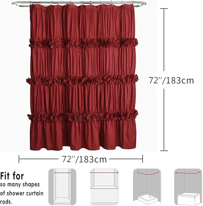 Homechoice Decor Burgundy Ruffle Shower Curtain, Vintage Handcrafted Bow Tie Bath Curtain for Master Bathroom, Ruched Microfiber Bathroom Curtain with 12 Buttonholes, 72" W x 72" H (LQ-10) - ModernBath