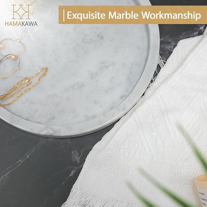 HAMAKAWA Natural Marble Bathroom Vanity Tray, Large Round Sink Tray 9.5 inch, Carrara White Limestone Dresser Tray, Modern Countertop Organizer for Soap Dispenser, Kitchen Counter, Home Decor - ModernBath