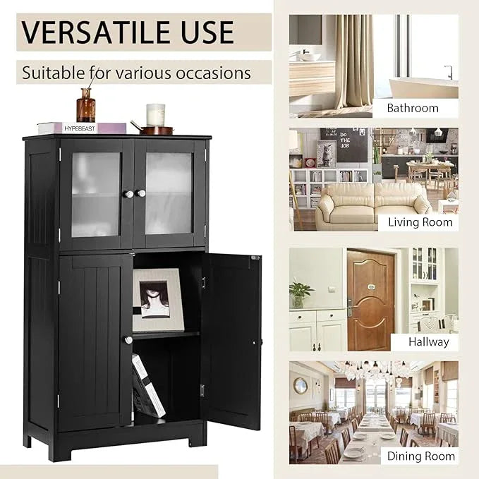 GOFLAME Bathroom Storage Cabinet, Freestanding Storage Cabinet with 4 Doors, Wooden Kitchen Cupboard with Adjustable Shelf, Buffet Sideboard, Multipurpose Home Organizer for Bathroom, Kitchen, Black - ModernBath
