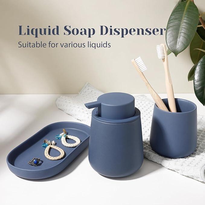 INGOFIN 3 Pcs Ceramic Bathroom Accessory Set - Liquid Soap Dispenser, Toothbrush Holder & Tray, Bathroom Counter Set, Countertop Essentials for Home, Guest Bathroom, or Office Use, Matte Blue - ModernBath
