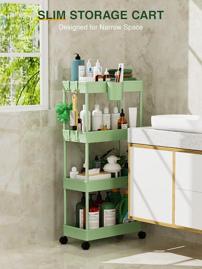 LEHOM Slim Rolling Storage Cart - 4 Tiers Bathroom Organizer Utility Cart Slide Out Storage Shelves Mobile Shelving Unit for Kitchen, Bedroom, Office, Laundry Room, Small Narrow Spaces（7.1" W+Green） - ModernBath