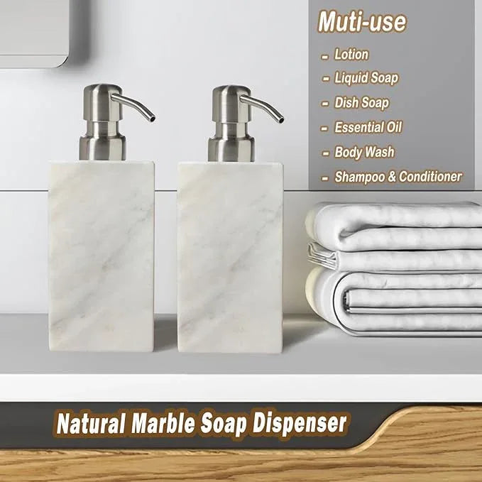 Hand Liquid&Lotion Soap Dispenser Pump Bottle Natural Marble for Kitchen Bathroom Countertop Laundry Room Holds Dish Soap Shampoo Laundry Liquid Shower Gel (Sir White) - ModernBath