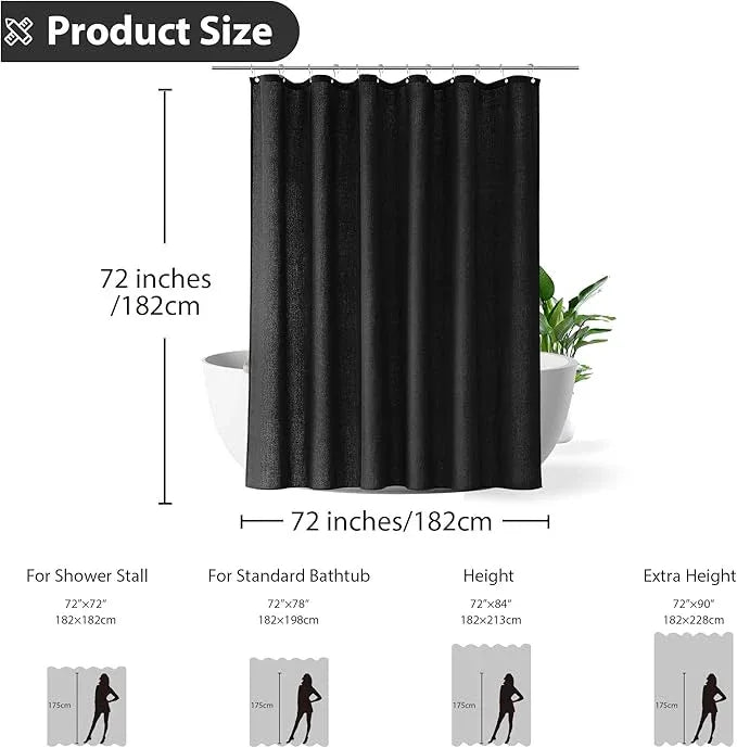 Jowels Black Linen Shower Curtain, Boho Farmhouse Shower Curtain Set for Bathroom, 200GSM Luxury Weighted Water Resistant Fabric Textured Shower Curtains with 12 Metal Hooks, 72Wx72H - ModernBath