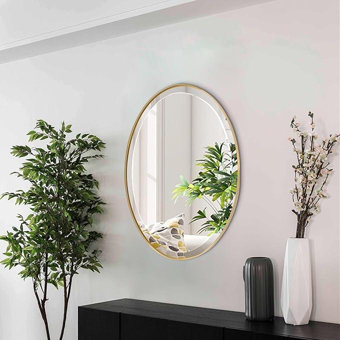 POZINO Brush Oval Vanity Mirror, 20"x28" Gold Mirror for Over Sink, Modern Rounded Mirrors with Stainless Steel Frame, Brass Beveled Mirrors for Bathroom Bedroom Living Room, Horizontal Or Vertical - ModernBath
