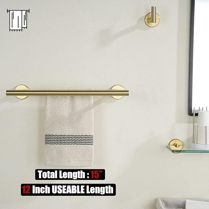 JQK Double Towel Bar Gold, 15 Inch 304 Stainless Steel Thicken 0.8mm Towel Rack Holder for Bathroom Washcloths and Hand Towels, Brushed Gold Wall Mount, Useable Length 12 Inch, TB100L12-BG - ModernBath