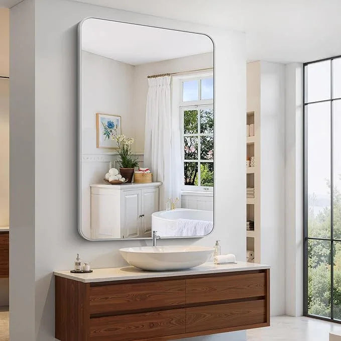 CIVENO 60x40 Inch Silver Bathroom Mirror, Large Rectangle Mirror, Metal Framed Rectangular Vanity Mirror, Rounded Corner Wall Mounted Mirror for Living Room Bedroom Entryway Horizontal or Vertical - ModernBath